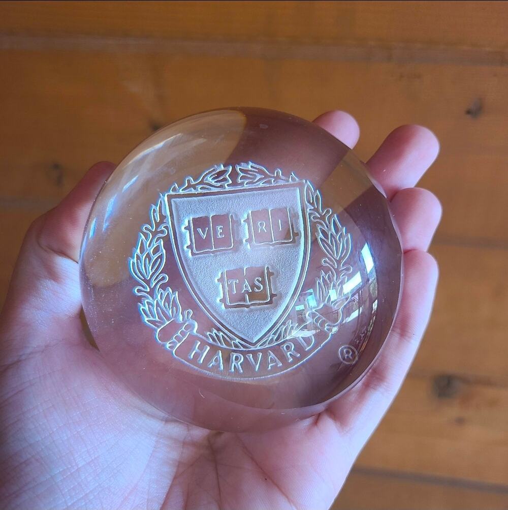 Harvard Veritas Paperweight Crest Etched Glass Collegiate Decor Office College
